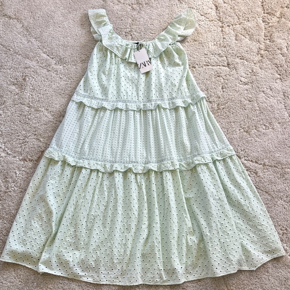 NEW Zara Mint Green Eyelet Embroidered Midi Dress Size Small - Picture 6 of 14